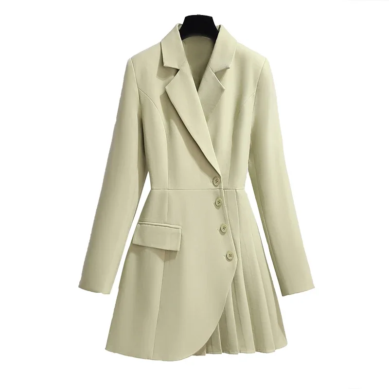 Chaqueta de traje plisada de un solo pecho Irregular ajustada coreana para mujer, abrigo Blazers de manga larga con cuello de traje negro Beige verde aguacate