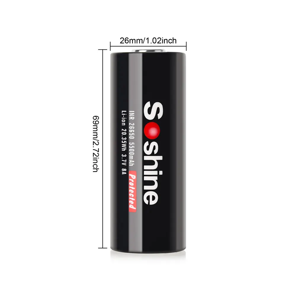 Soshine 3.7V 5500mAh 26650 Lithium Battery 26650-55A 5500mAh Rechargeable Battery Suitable for Flashlight Mouse Head Lights Toys