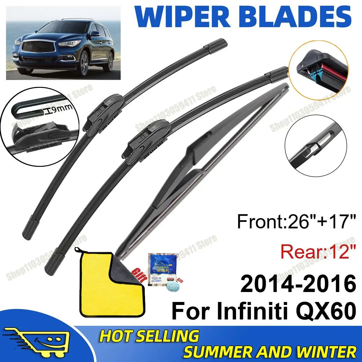 

3PCS For Infiniti QX60 2014-2016 26" + 17"+ 12" Front Rear Wiper Blades Set Windshield Windscreen Car Accessories