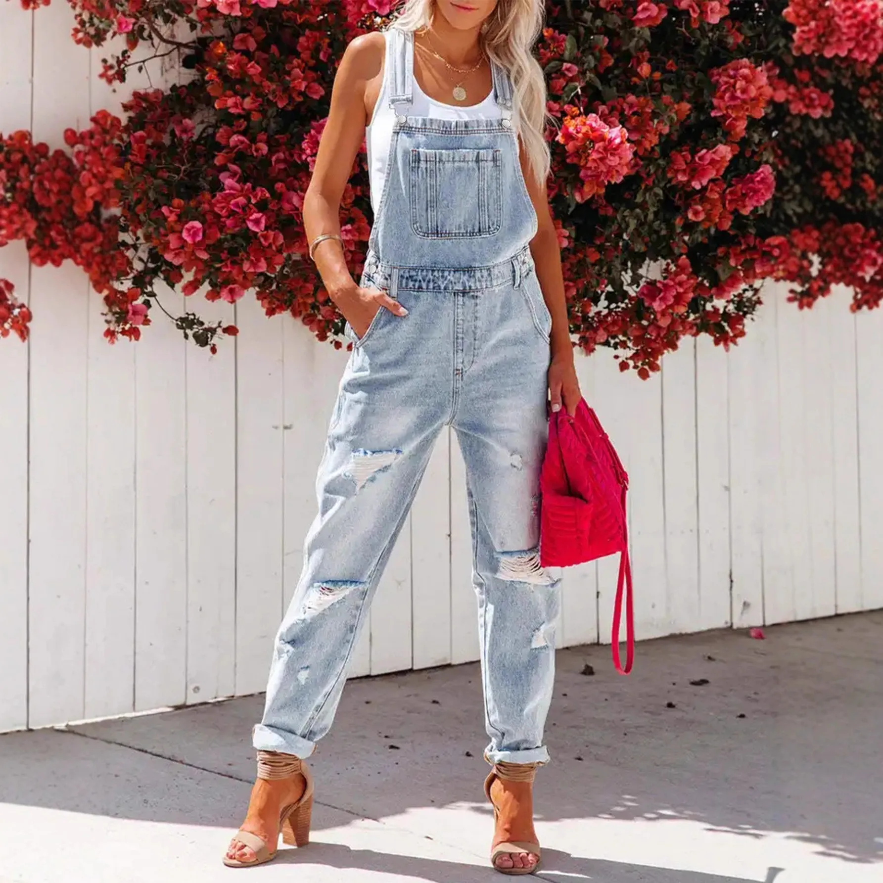 Casual Distressed Light Wash Denim Jumpsuit with Loose Waist & Adjustable Strap, V Back Wide Leg Long Pants with Roll Cuff and