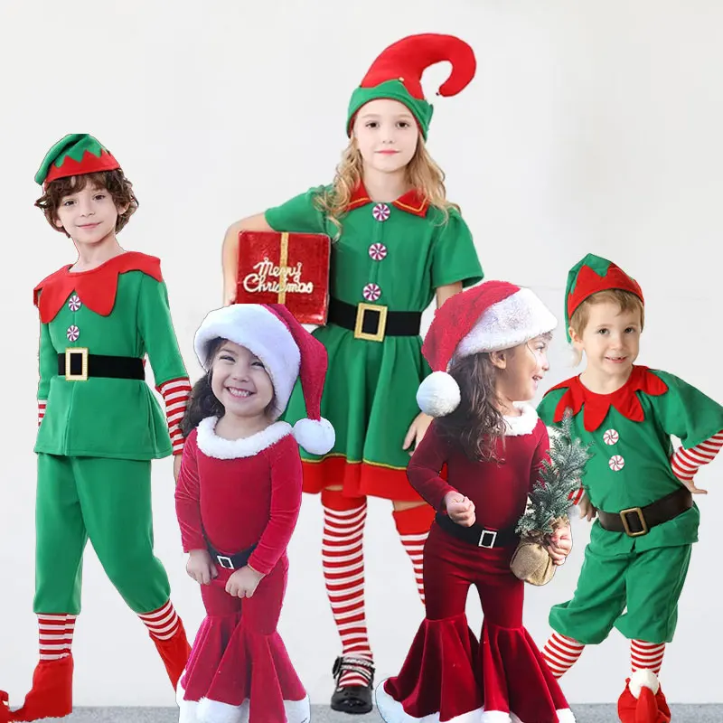 

Kid Soft Winter Clothing Christmas Party Suit Boys Xmas Elves Dress up Girls Santa Claus Frock Children New Year Velvet Costume