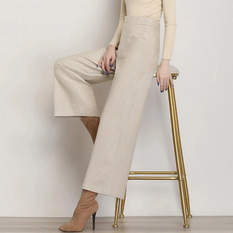 Otoño Invierno nuevos pantalones de lana para mujer bolsillos con cremallera sólida moda Casual suelta gruesa recta pierna ancha pantalones hasta el tobillo