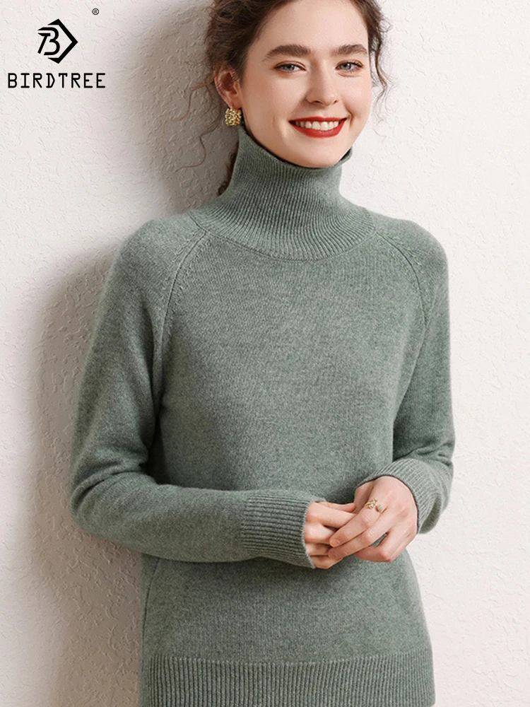 

BirdTree 70%Wool 30%Cashmere Pullover,Women High Neck Retro Solid,Warm Slim Versatile Commute Knitwear,2024 Spring T41057QD