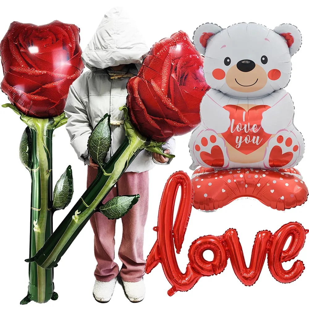 Valentine's Day Large Rose Flower Shape Balloon Standing Love Bear Balloons Mother's Day Baby Shpwer Birthday Wedding Decoration