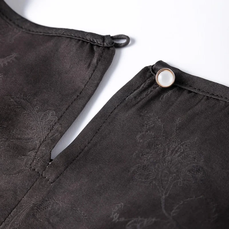 Birdtree 20 mm dunkelgraues Hemd aus 100 % Maulbeerseide, Damen-Jacquard-Satin mit Laternenärmeln, O-Ausschnitt, Sommer-Grasfärbluse T58016JF