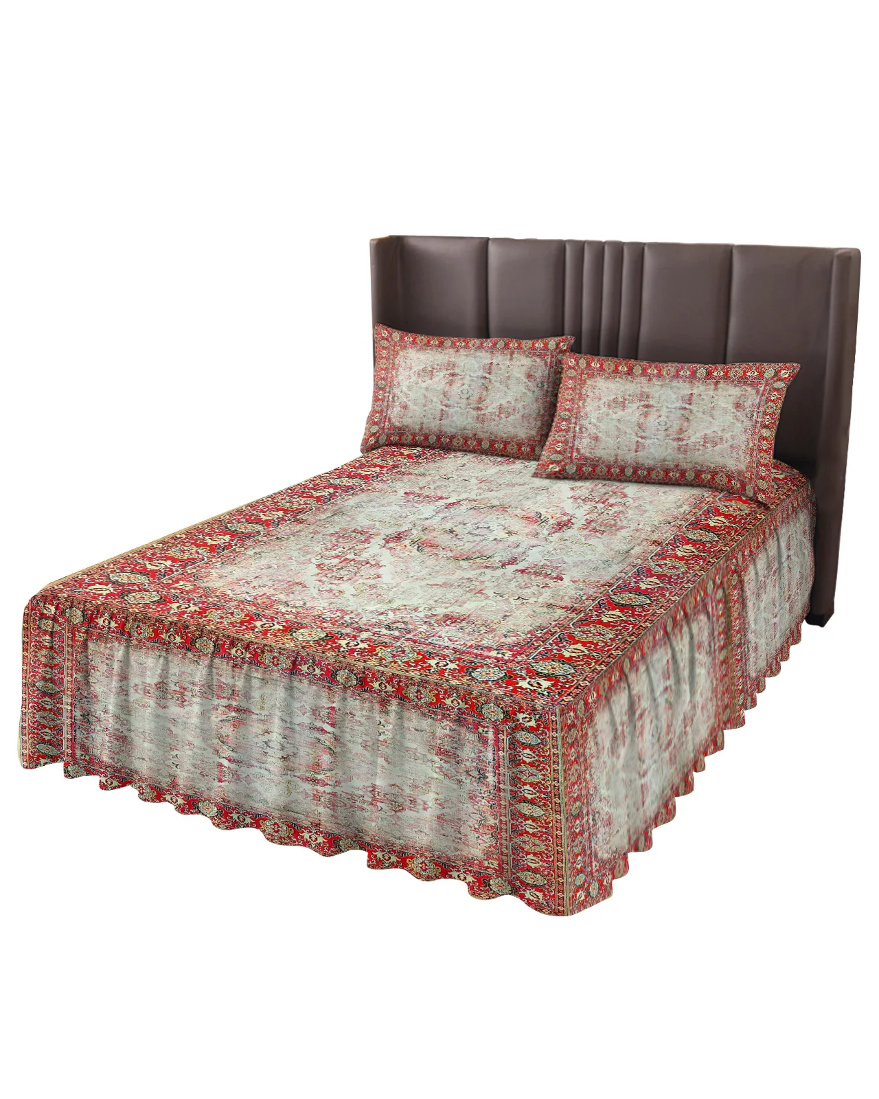 Vintage Flower Indian Bohemia Bed Skirt Elastic Fitted Bedspread With Pillowcases Mattress Cover Bedding Set Bed Sheet