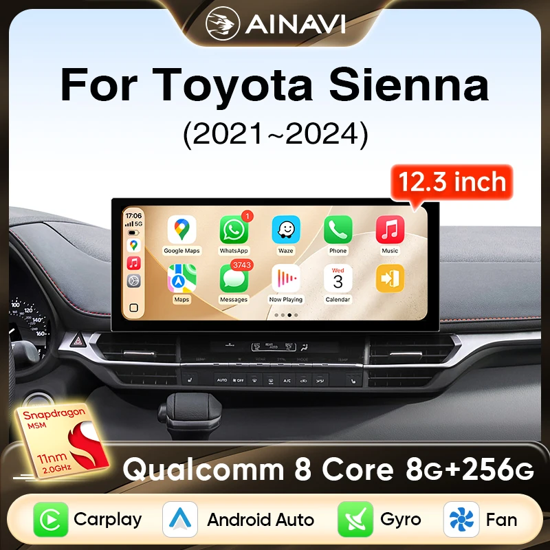 Ainavi 12,3-Zoll-Autoradio für Toyota Sienna 2021 2022 2023 XL40, kabelloses Carplay, Android Auto, 2K-IPS-Bildschirm, Auto-Multimedia, DSP, GPS