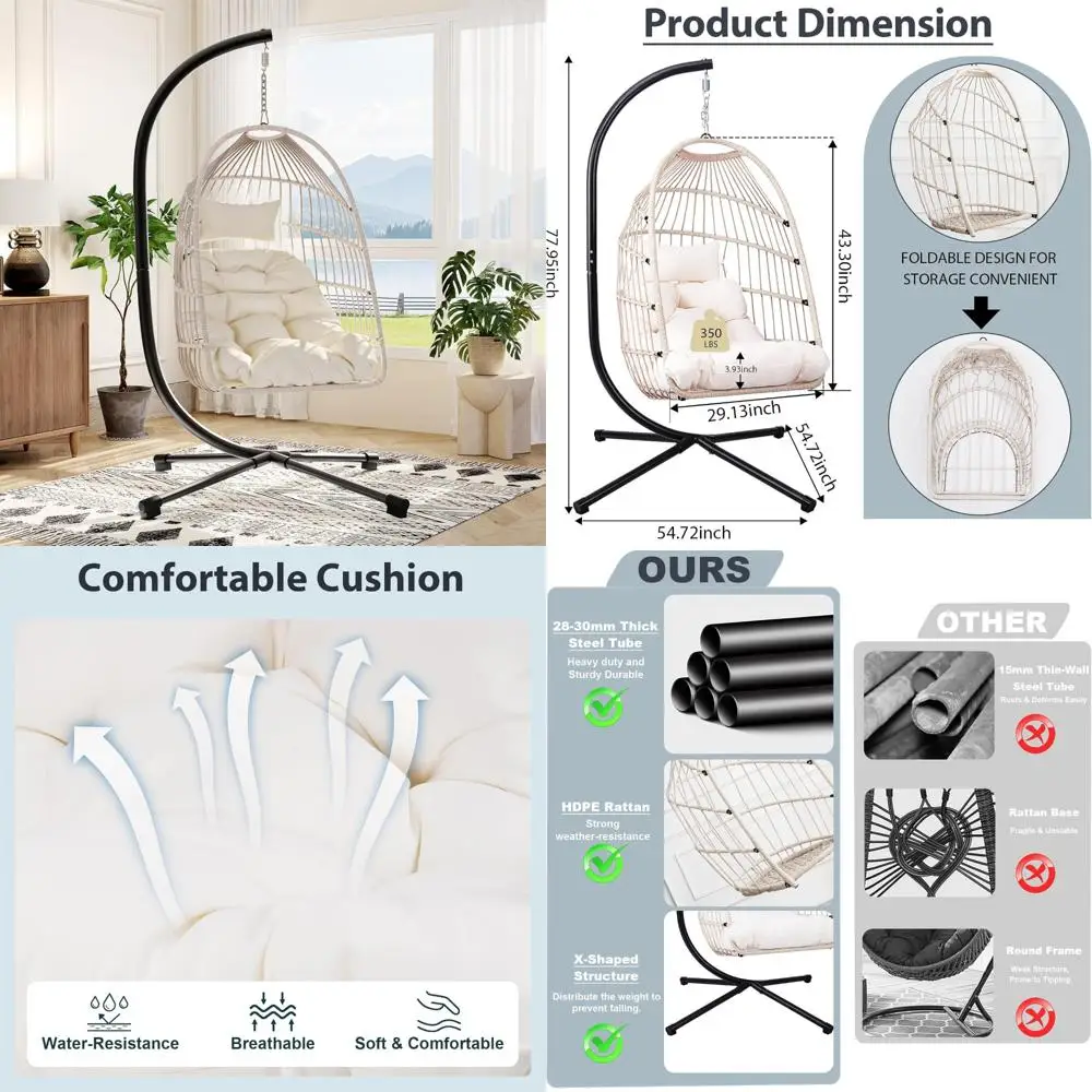 كرسي بيضة متأرجح قابل للطي في الفناء الخارجي مع راتان عالي الدقة وإطار من الفولاذ المقاوم للصدأ عالي التحمل للاسترخاء المريح #1