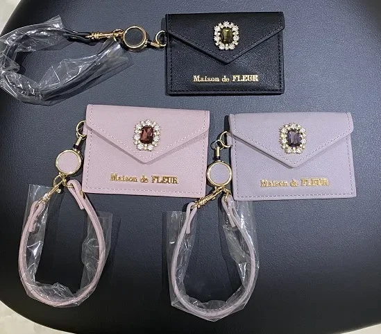 Tarjetero de cuero con diamantes de imitación para mujer, bolsa de tarjeta de estilo japonés con lazo bonito, tarjetero para puerta, autobús y