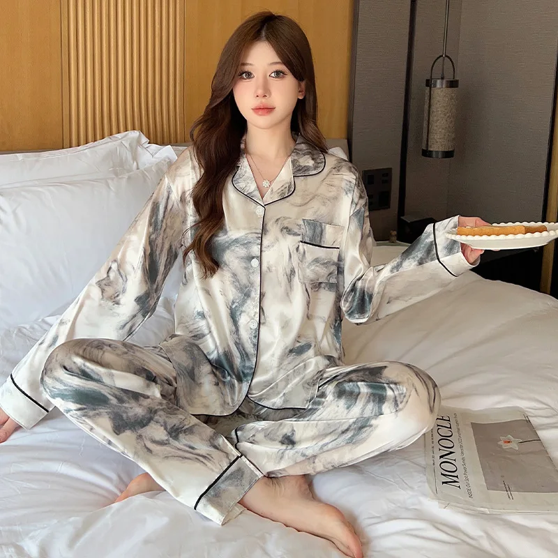 Ink Flower Pajamas Spring Autumn New Long-sleeved Trousers Two-piece Set, Korean Loungewear Satin Silk Luxury Loungewear Women