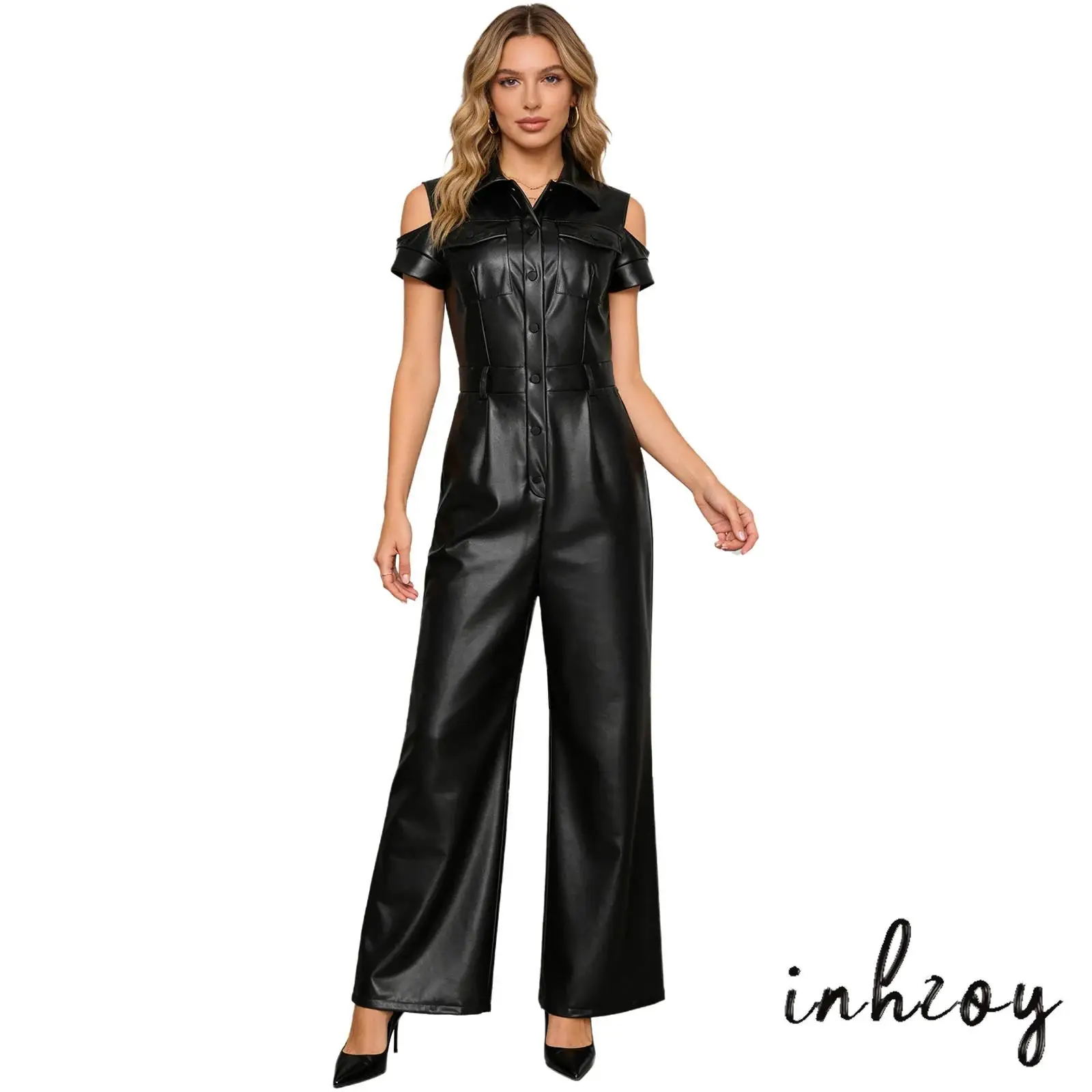 

Party Ready PU Leather Jumpsuit for Women Cargo Cutout Cold Shoulder Front Button Side Pockets Wide Straight Leg Romper Clubwear