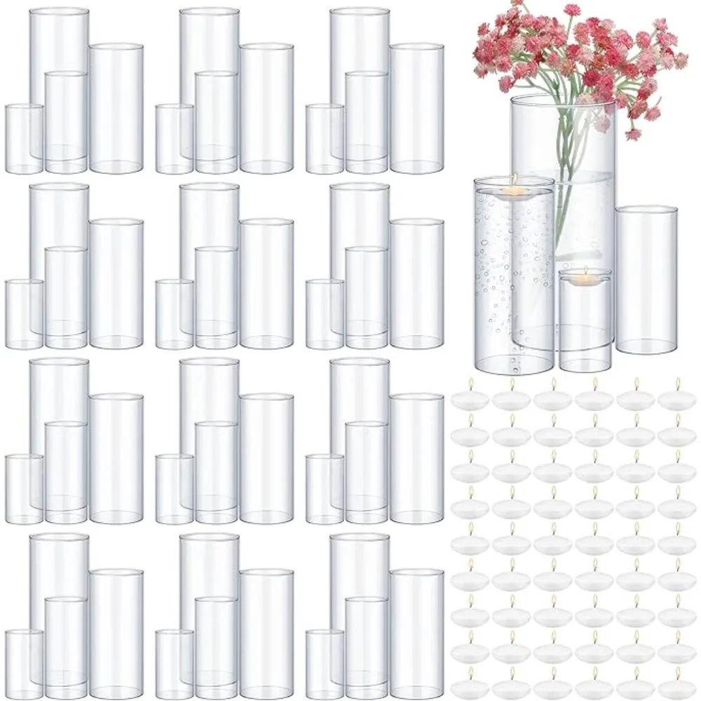 48 Pcs 4 Sizes Glass Clear Cylinder Vase Floating Candle Holder with 96 Pcs Candles for Wedding Centerpieces Party Home Decor