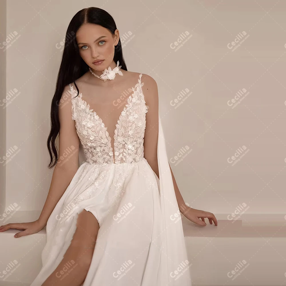 فساتين زفاف أنيقة على شكل حرف A زي العرائس دانتيل زينة رداء رشيق بدون أكمام فتحة عالية مخصصة فيستدوس دي نوفيا 2026 #4