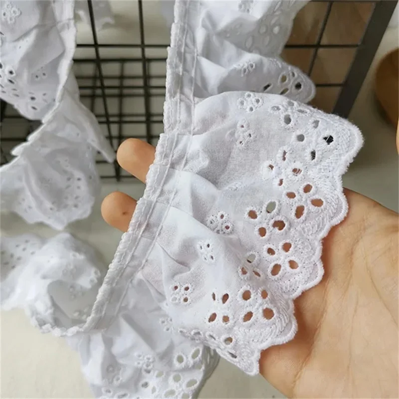 8CM Wide White Cotton Lace Pleated Ruffle Trim Hollow Embroidery Guipure 3d Lace Fabric Ribbon Skirts Fringe Scarfs Sewing Decor