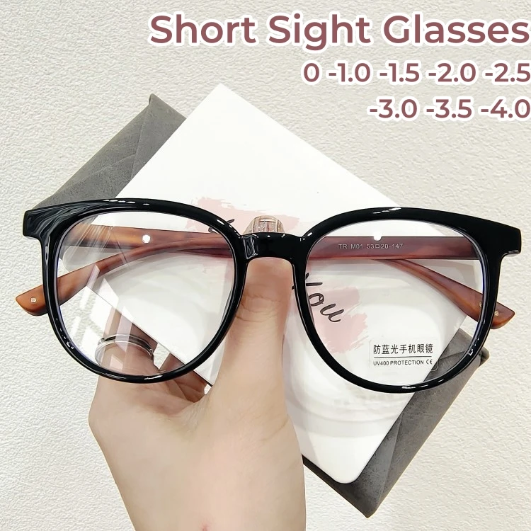 

Anti-blue Light Near Sight Eyewear Retro Wood Grain Round Frame Myopia Glasses Ultra Light Large Frame Short Sight Glasses