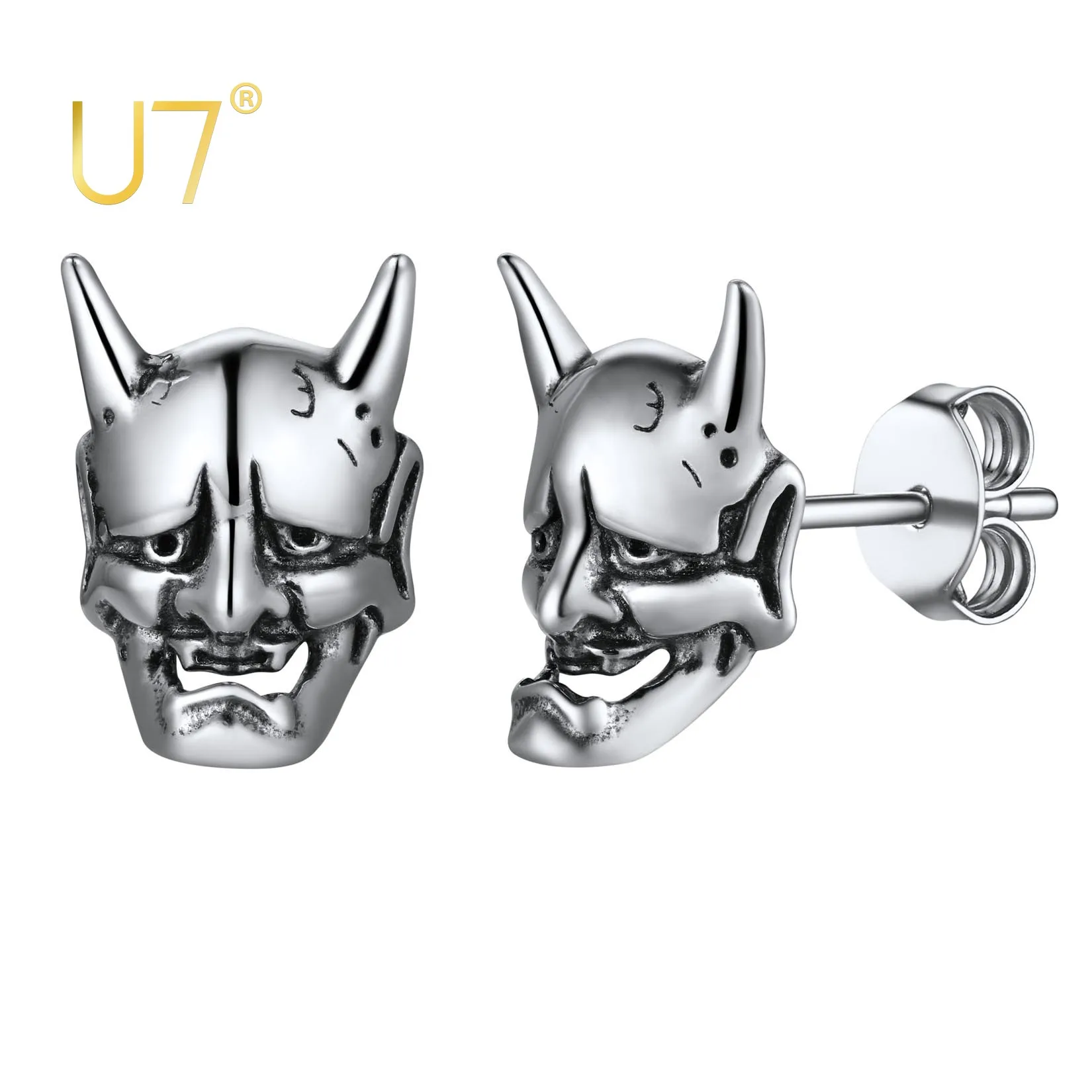 

U7 Hannya Mask 925 Silver Demon Horn Amulet Stud Earrings for Man Women Gothic Statement Daily Jewelry