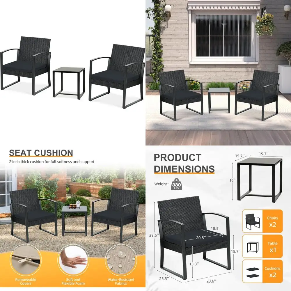 

All-Weather Outdoor Bistro Set: 3-Piece Patio Furniture with Black PE Rattan Chairs and Cushions, Weather-Resistant Dining Optio