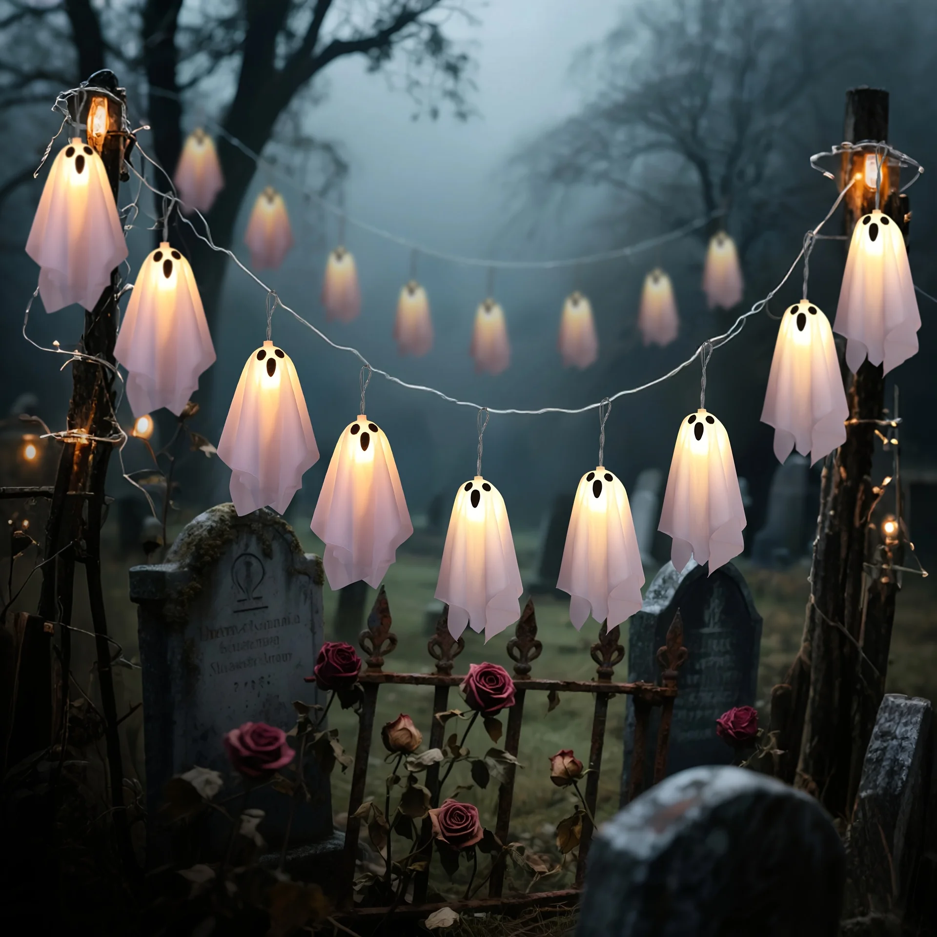 Halloween Fabric Ghost LED String Lights with Remote Control Warm White Fairy Lights Indoor Outdoor Window Yard Party Decor Lamp