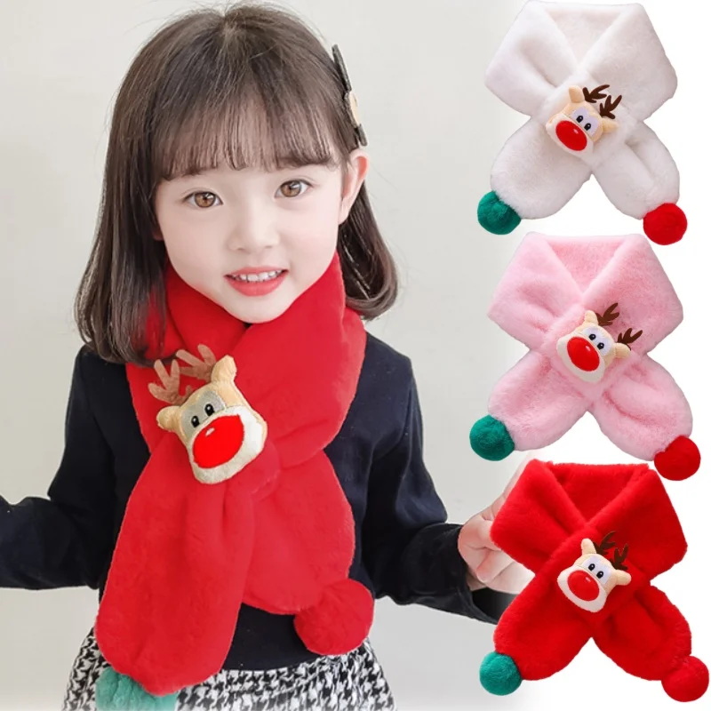 

Детский шарф с оленями, мягкий плюшевый флисовый зимний шарф для шеи, ветрозащитный аксессуар для холодной погоды, милый рождественский дизайн для детей