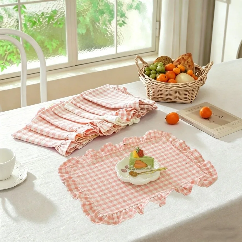 Sweet Stripe Grid Kitchen Placemat Ruffle Non-Slip Table Mat Heat Resistant Desk Decor Heat-Insulated Mat Wedding