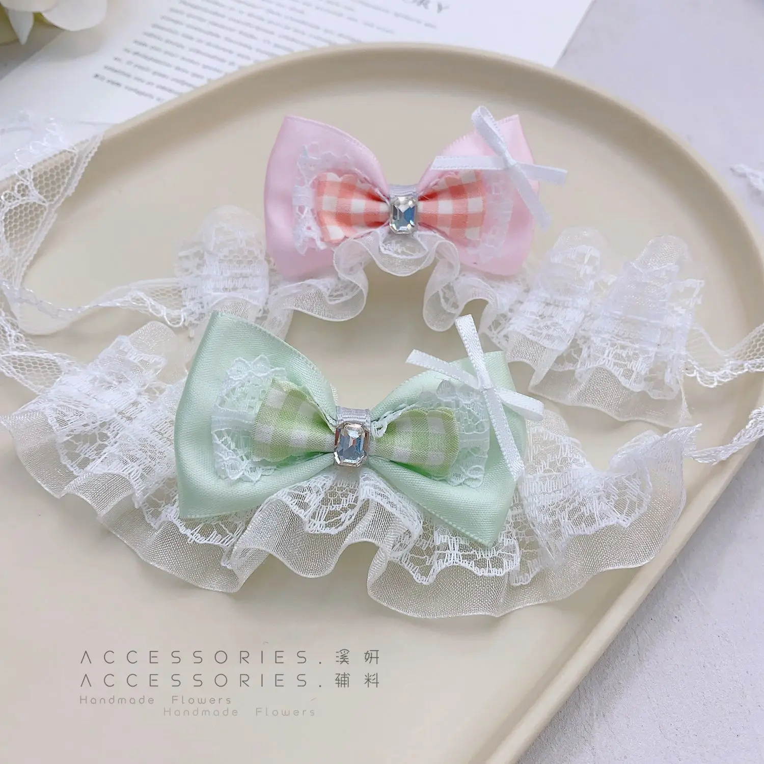 

Lolita Style Bow Headbands For 15/17cm 1st-3rd Gen Labubu Dolls Lace Checkered Pattern & Rhinestone Decor