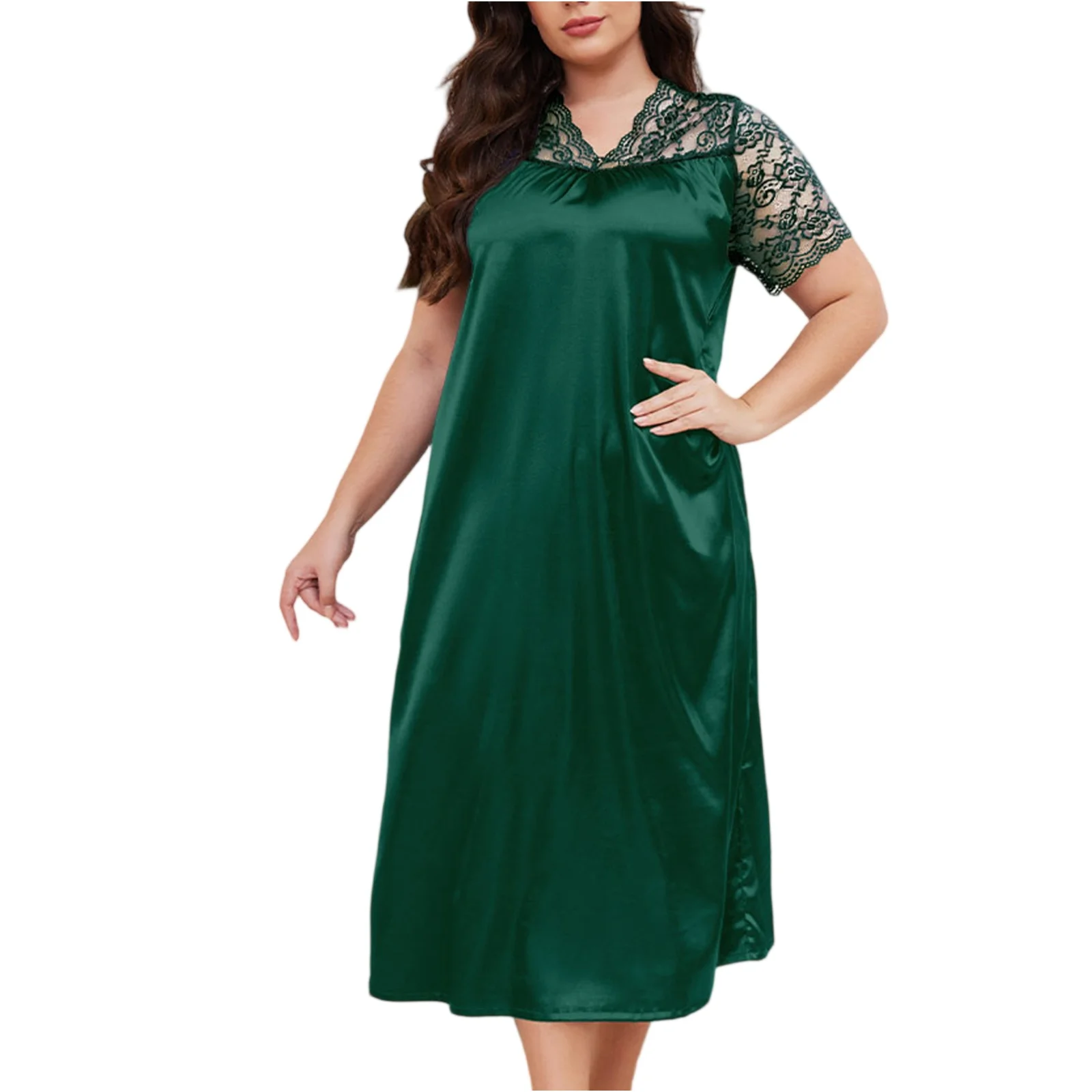 

Ночная рубашка больших размеров для женщин, с коротким рукавом, длинное платье для сна, сексуальная кружевная ночная рубашка, тонкая дышащая домашняя одежда, одежда для сна