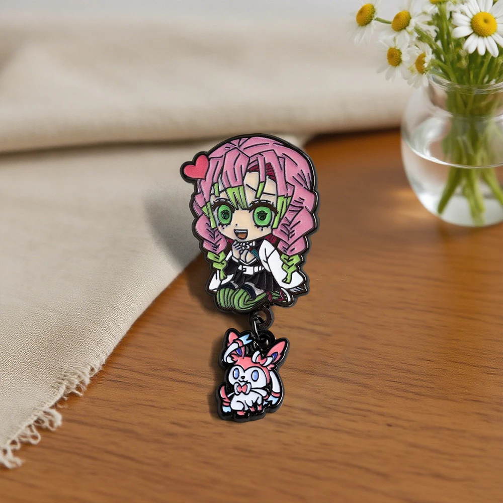 Kanroji Mitsuri Cartoon Character Brooch Creative with Pendant Badge Classic Anime Peripheral Enamel Pin Fashion Accessory Gift