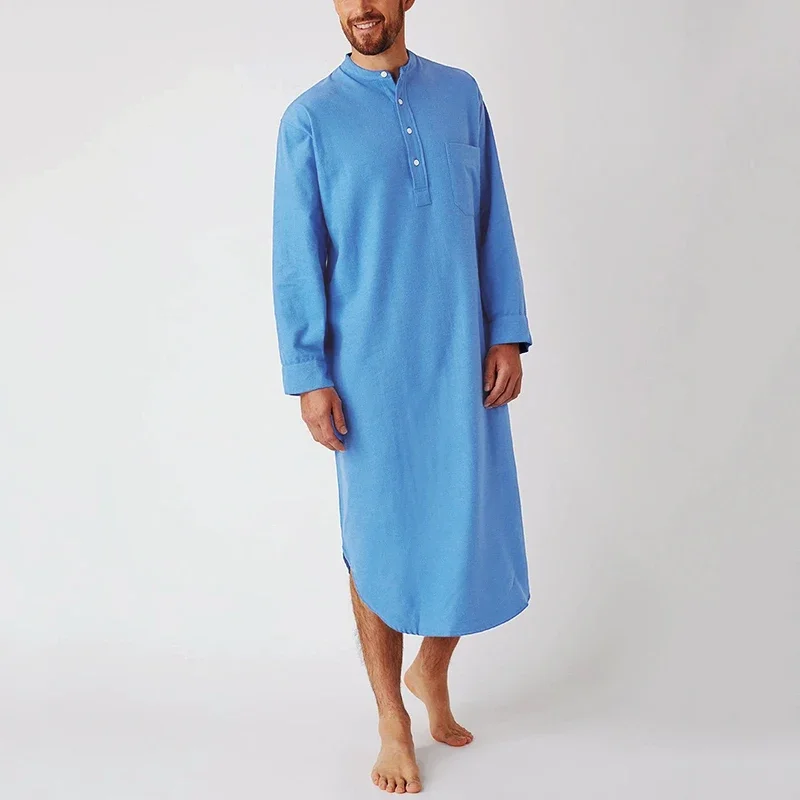 Men's Button-down Sleep Robes Solid Color Stand Collar Long Sleeve Nightgown Fashion Comfortable Home Wear Loose Bathrobes M-3XL