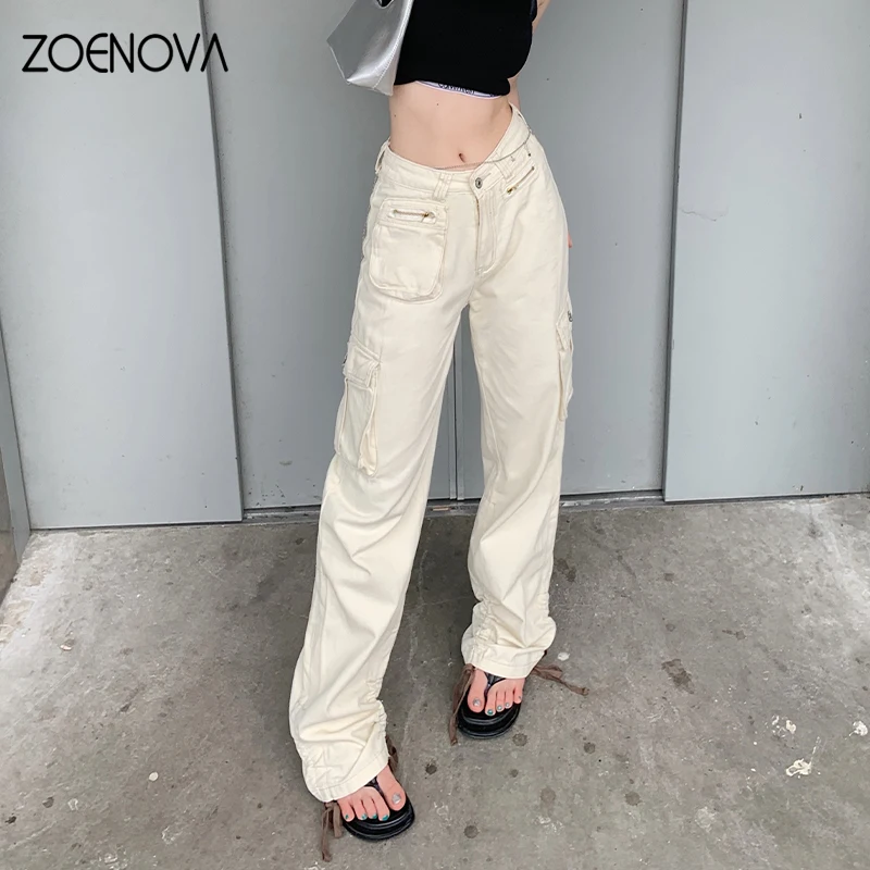 Imagem -03 - Zoenova Mulheres Calças de Carga Reta Perna Larga Jeans Femme Baggy Cintura Baixa Harajuku Streetwear Solto Mujer Jean do Vintage