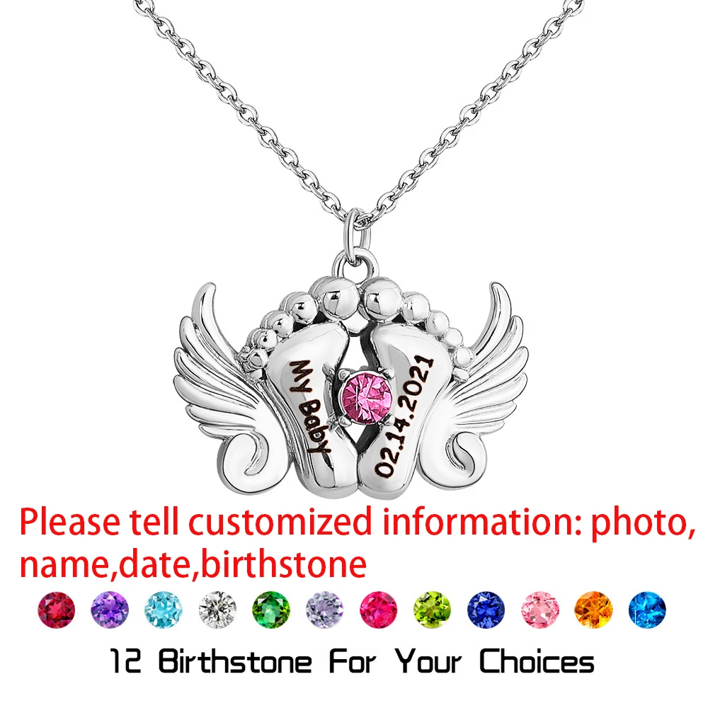 Baby Feet Angel Wing Necklace Custom Name Date Personalized Birthstone Women Jewelry Open Photo Locket Pendant Memory Gift