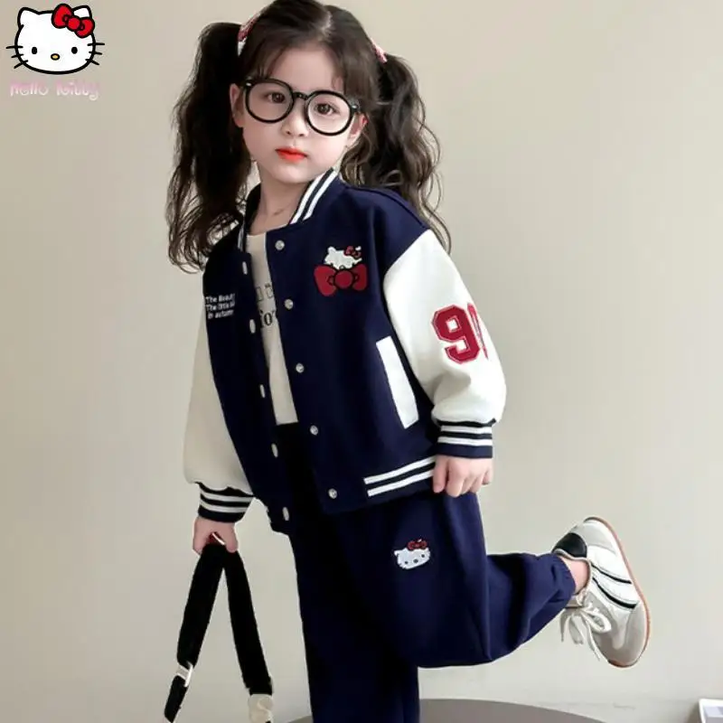 

Girls Hello Kitty Cartoon Trendy Baseball Suit Anime New Kawaii Children's Sanrio Fashion Spring Autumn Coat Two Piece Tops