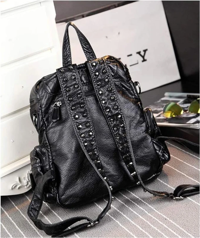 SHELKSBAG Calamity, mochila para mujer de cuero Pu, mochila con tachuelas de la Universidad gótica Punk, mochilas escolares de gran capacidad a la moda negras