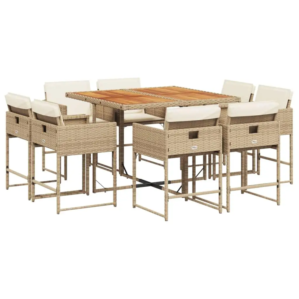 9-Piece Beige Poly Rattan Patio Dining Set with Cushions - Stylish Outdoor Furniture