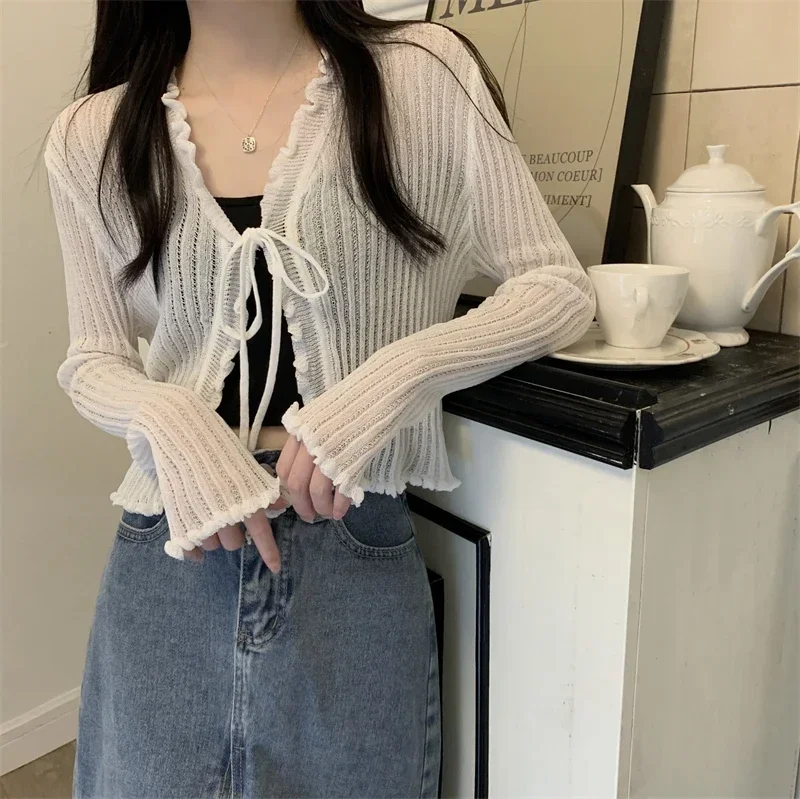 Black Tie Thin Knitted Cropped Cardigan Women Summer Korean Casual Lace Long Sleeve Short Outerwear 7 Colours