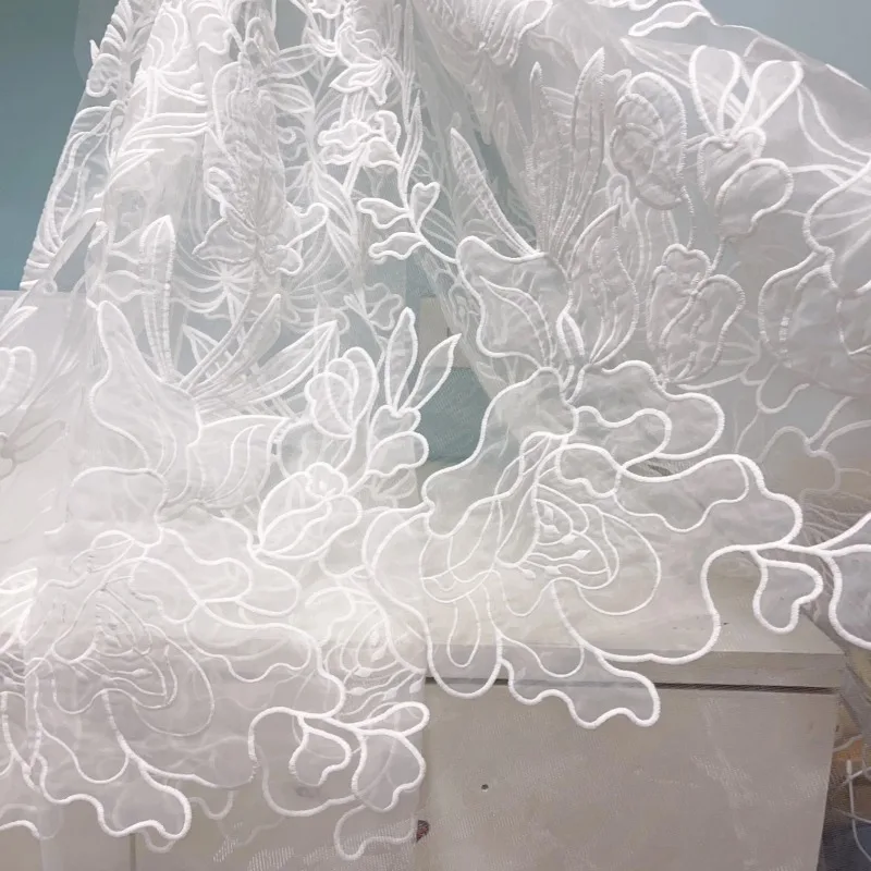 High-Quality Lace and Mesh Fabric with Organza Laser Cut Flower for Wedding Dress and Evening Gown Elegant Bridal Lace Fabric