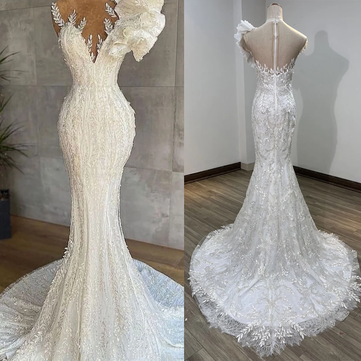 

Pearls Mermaid Wedding Dresses Appliques Lace Bridal Gown Custom Made Jewel One Shoulder Sweep Train Designed Vestidos De Novia