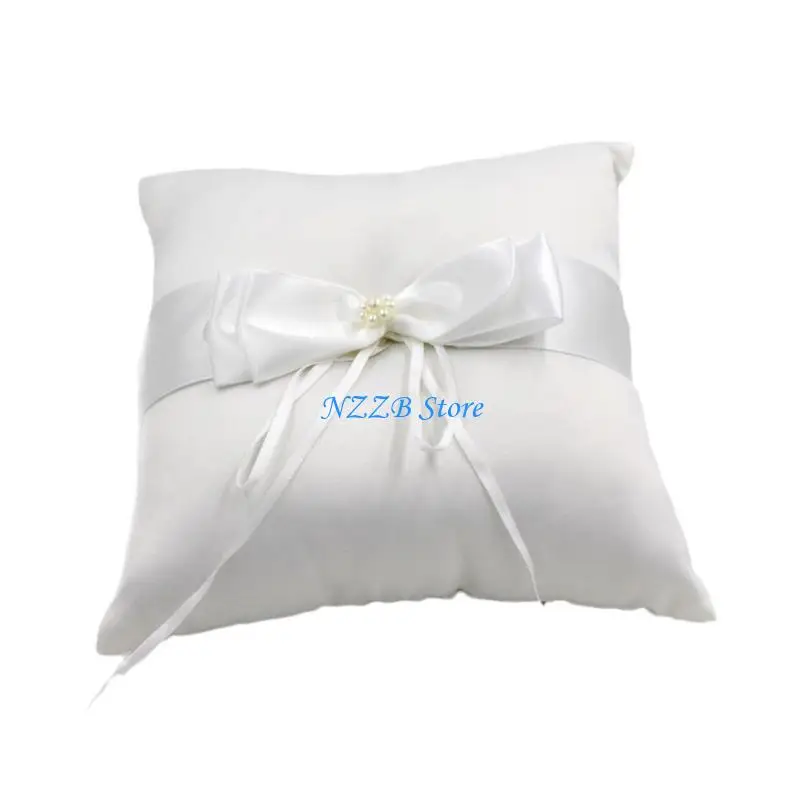

T21F Wedding Rings Bearer Pillow Bows Decoration Pearls Bows Cushion White Wedding Props Elegant Rings Bearer Pillow Decors