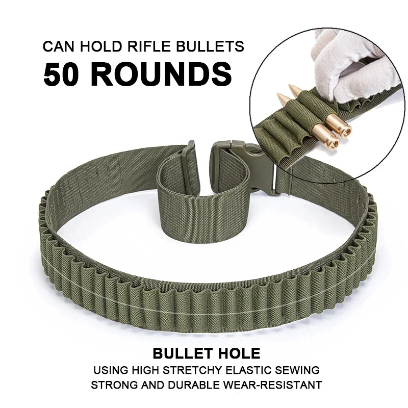 50 Rounds Rifle Bullet Cartridge Bandolier 556 Ammo Belt Shell Holder Hunting Sporting Shooting for 308 Cal. 30-06 .762