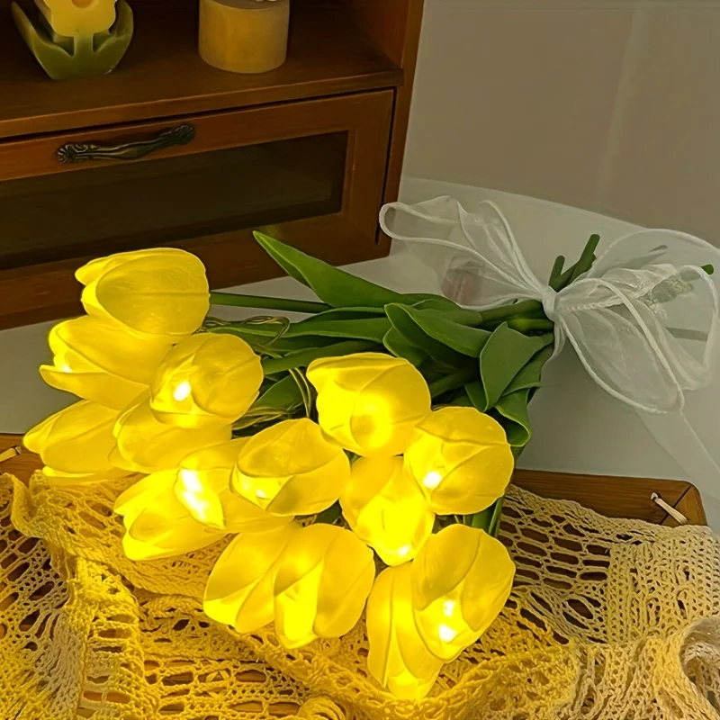 10pcs Luminous Tulip LED Night Light DIY Handmade Lamp Artificial Flower  Bridal Bouquet Christmas New Year Atmosphere Light