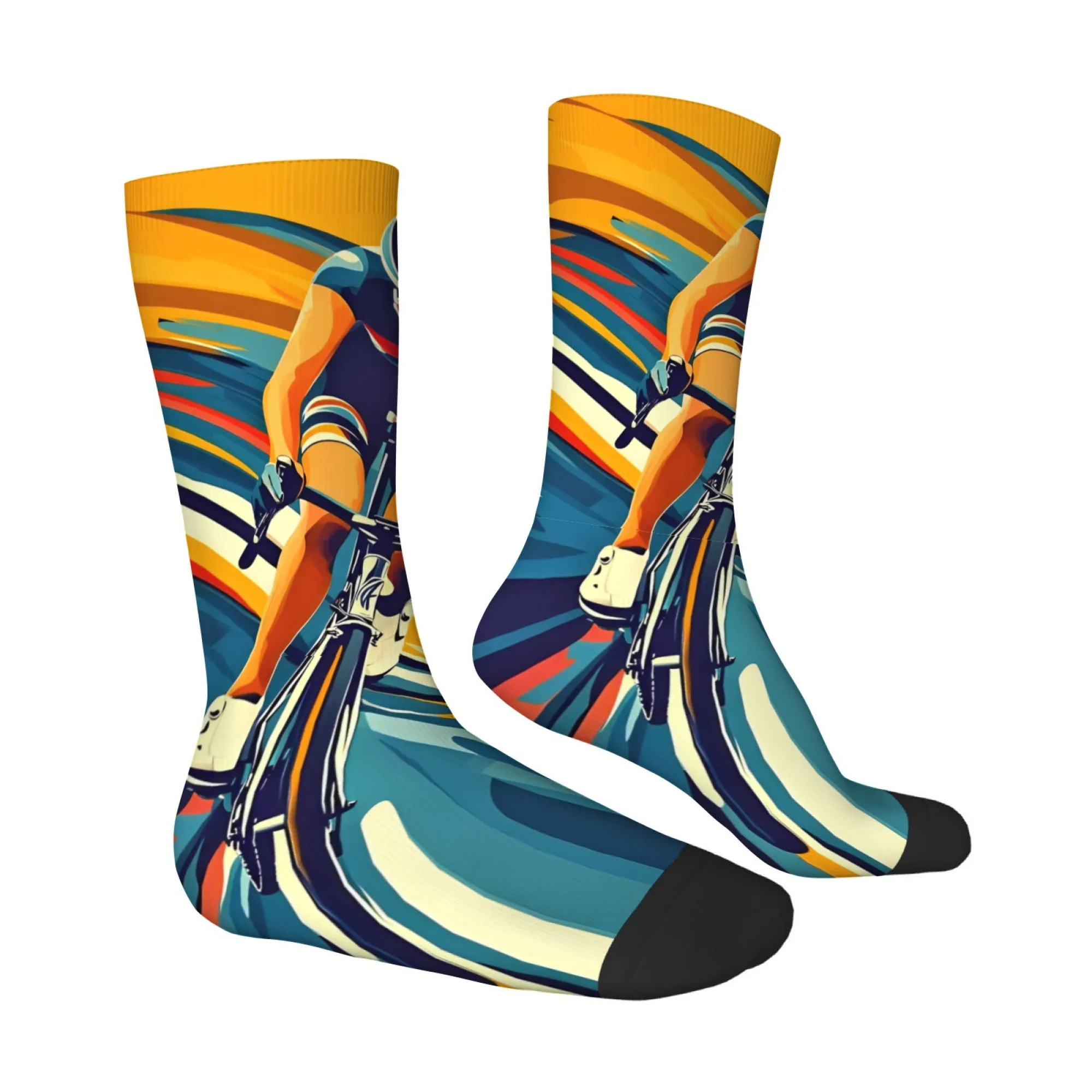 Retro Pop Art Style Cycling Athlete Print Mid-calf Socks Speed and Sporty Energy for Cycling Comfortable Breathable Sports Socks