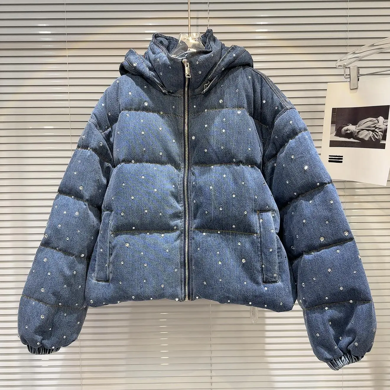 

Winter Street Sle Heavy Du Rhinestone Denim Hooded Bread Coat down Jaet Women's Faion Thi Warm White Du down