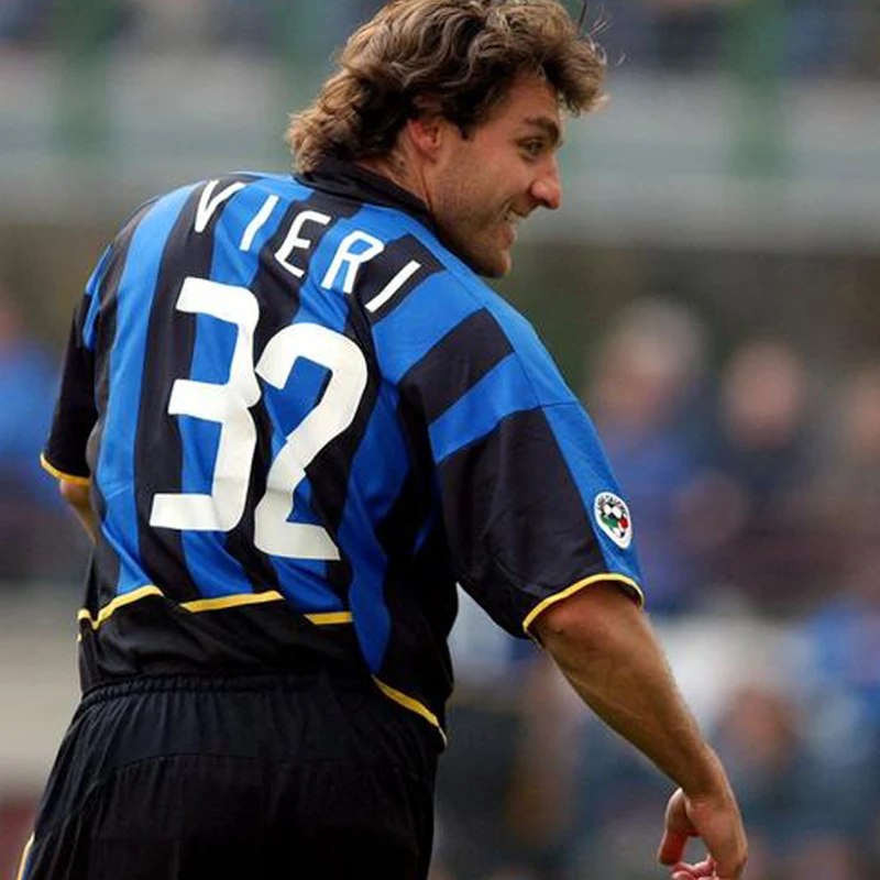 0203 Camiseta de fútbol local de manga corta azul y negra clásica retro talla 32