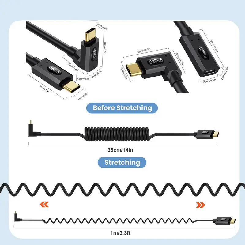 1.2m Spring Retractable USB5.0 Type-C Male to Male 80Gbps Data Transmission Charging HD Cable 16K/Dual 8K 240W Thunderbolt 3/4/5
