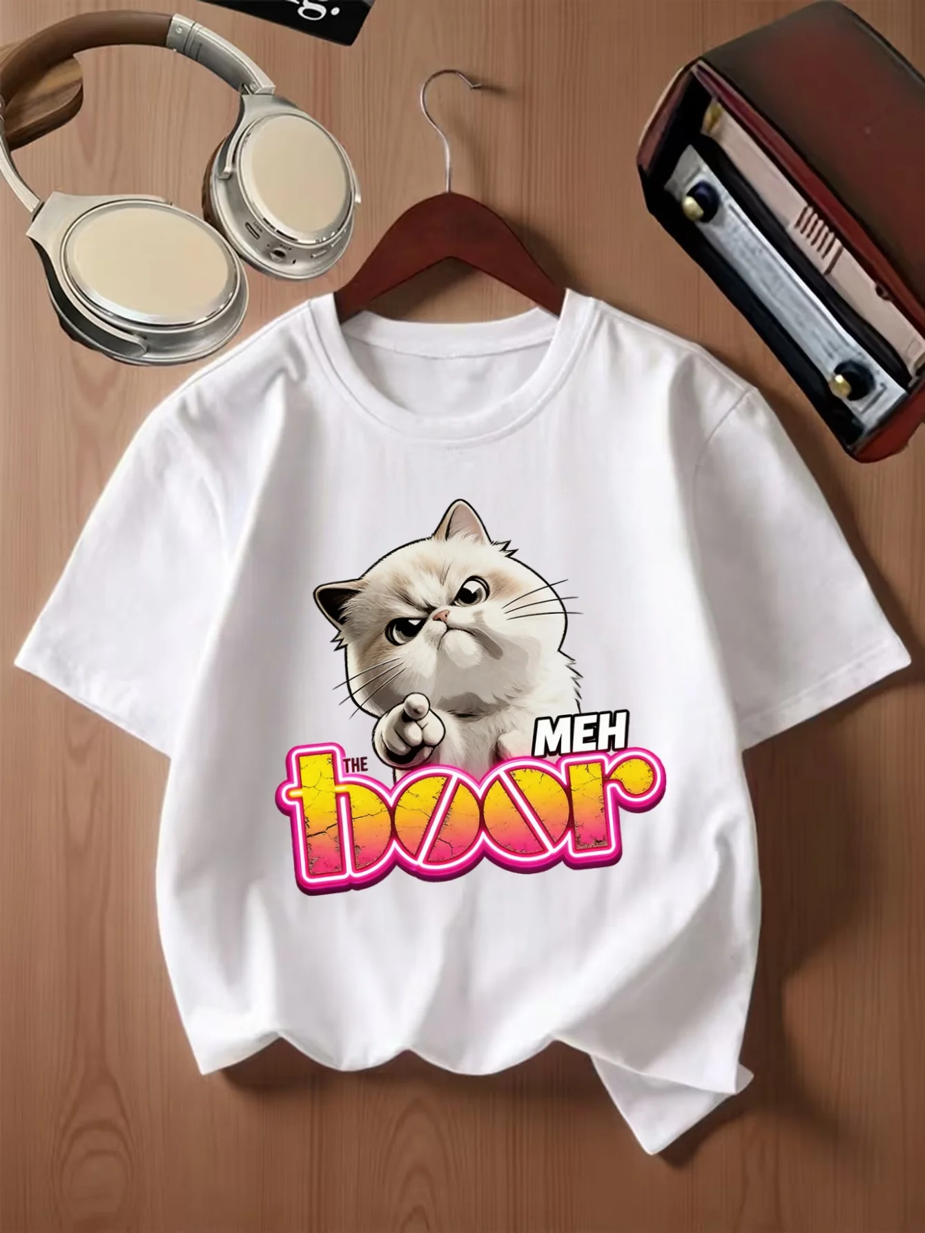 Grumpy White Cat Pointing Finger Meh Boor Letter Graphic Kids T Shirt Boys Girls Family Matching Summer Crew Neck Casual Tee