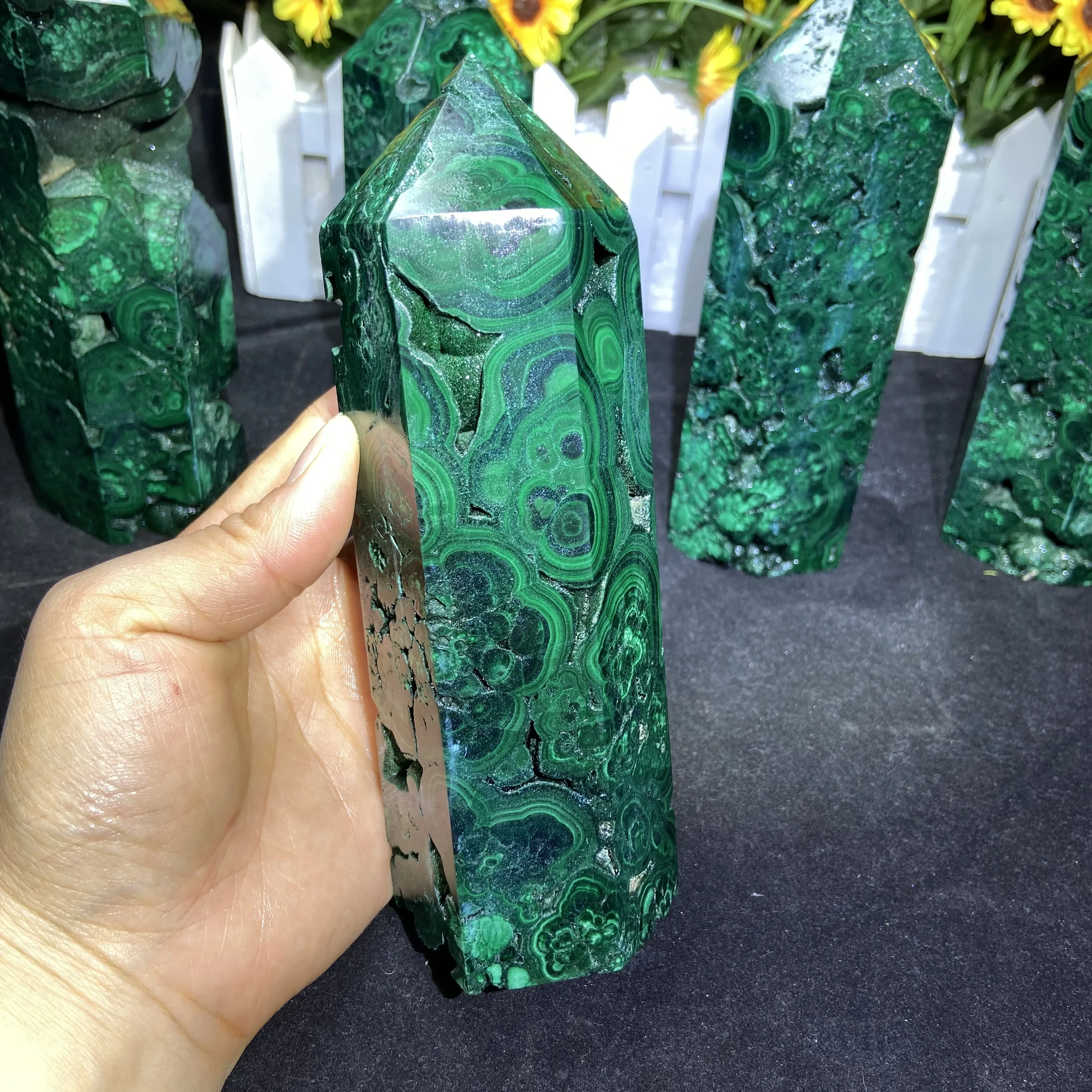 Wholesale Natural Polished Malachite Points Healing Big Druzy Malachite Tower For Decoration