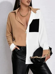 Damska bluzka Plus Size New Personality Casual zapinana na guziki bluzka z długim rękawem Patchwork Shirt Lapel Loose Blouse