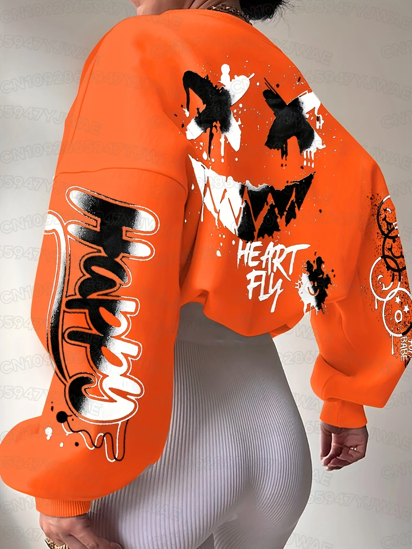 Herbst- und Winter-Sweatshirt für Damen mit leuchtendem Print - "HAPPY" & Herz-Motiv, langärmelige, leichte Kapuzenpullover – Detail 11