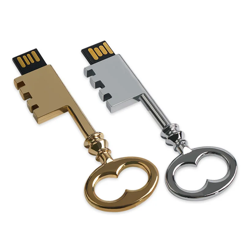 New Free Custom Name LOGO Silver and Gold Metal Key Model USB2.0 Pen Drive 2GB 4GB 8GB 16GB 32GB 64GB 128GB Memory Stick