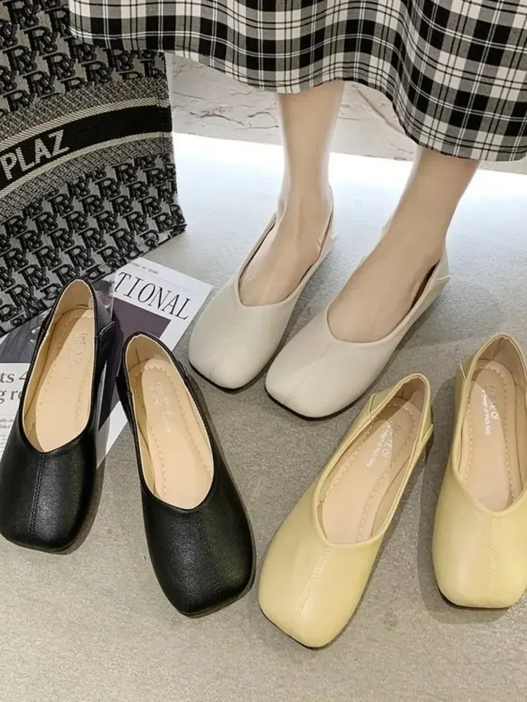 Single Shoe Women's Spring and Autumn New Square Head Shallow Mouth Bean Shoes Fashion Two Wear Casual Flat Shoes Women's