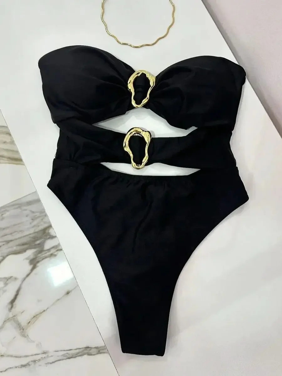 3 cores sexy anéis de metal cortar mulheres banho de uma peça maiô feminino bandeau alta perna corte banhista natação